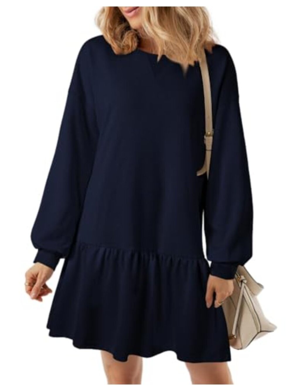 Ruffle Hem Pullover Sweatshirt Dress Mini A-Line Crew Neck Long Sleeve